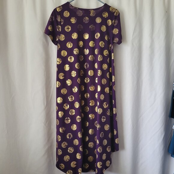 LuLaRoe Dress XS Purple w/Gold Medallions stretchy Simply Comfortable Hi-Low hem - Picture 9 of 11